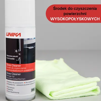 Specjalistyczny środek do czyszczenia wysokopołyskowych powierzchni - UNIKA 200 ml (pianka antystatyczna) GLOSS CLEANER + ściereczka z mikrofibry