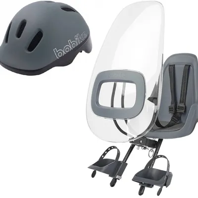 Bobike Go Mini Fotelik Rowerowy + Osłona Przeciwwiatrowa + Kask S Macaron Grey