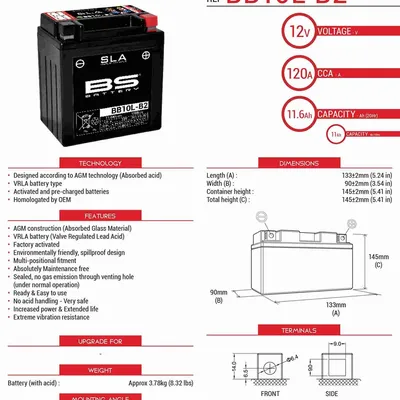 Akumulator BS BB10L-B2 Zamiennik YB10L-B2,YB10L-A2 11AH 160A