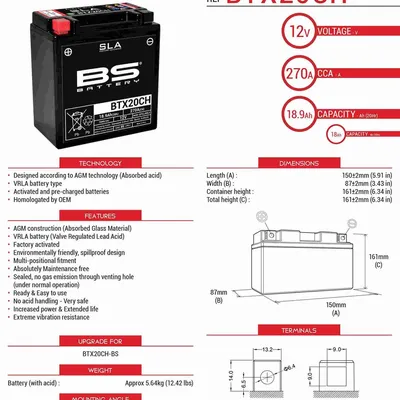 Akumulator BS BTX20CH Zamiennik YTX20CH-BS, YTX20A-BS 18AH 270A