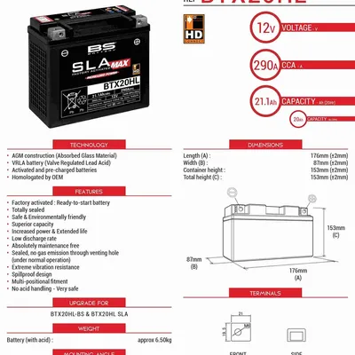 Akumulator BS BTX20HL MAX Zamiennik YTX20L-BS 20AH 290A