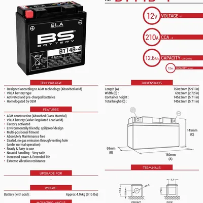 Akumulator BS BT14B-4 Zamiennik YT14B4 12AH 210A