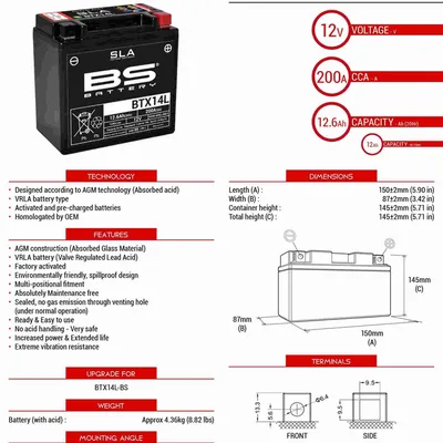 Akumulator BS BTX14 Zamiennik YTX14-BS 12AH 200A