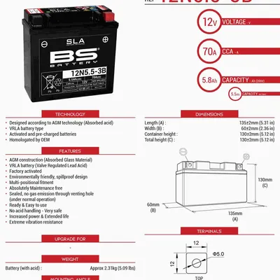 Akumulator BS 12N5,5-3B Zamiennik 12N5,5-3B 5.5 Ah 70A