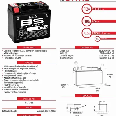 Akumulator BS BTX12 Zamiennik YTX12-BS 10AH 180A