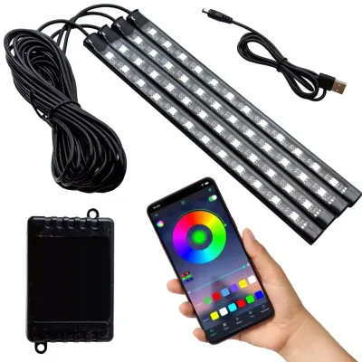 Oświetlenie LED RGB wnętrza samochodu pod USB | łączność Bluetooth z aplikacją w telefonie | 4x pasek LED 12 diod 5050 22cm | pilot IR | tryby muzycz