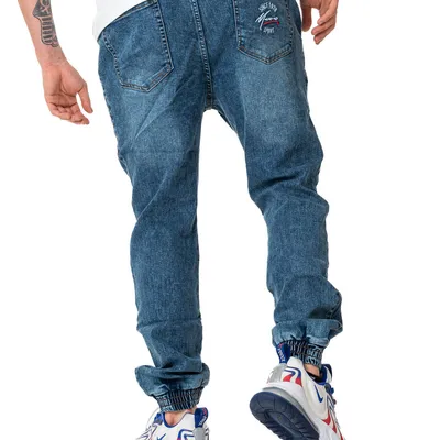 Spodnie Jeans Jogger Moro Sport Napis Light Acid Marmurkowe Niebieskie