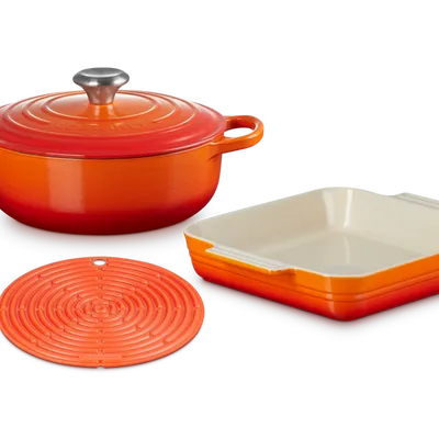 Le Creuset - 3 częsciowy zestaw Starter z podkładką płomienny