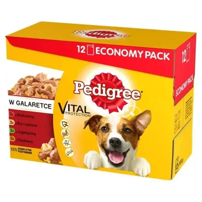 Pedigree Mokra Karma Dla Dorosłych Psów W Galaretce Z Wołowiną, Z Kurczakiem, Z Jagnięciną, Z Drobiem 12x100g