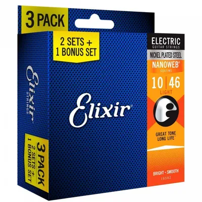 Elixir 16542 Nanoweb Light 3-pack 10-46 zestaw trzech kompletów strun do gitary elektrycznej