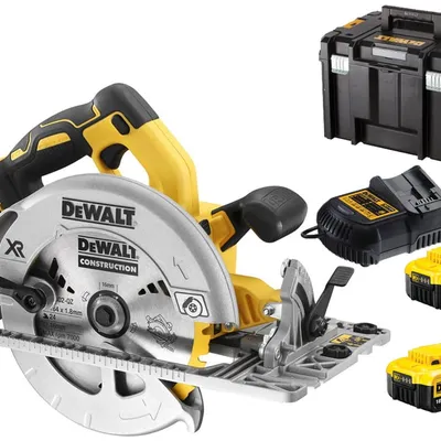 DEWALT DCS572P2 18V XR Bezszczotkowa pilarka tarczowa kompatybilna z szynami, 184mm, 5500 RPM, 2 akumulatory 5Ah, ładowarka wielonapięciowa, kufer T-S