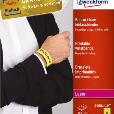 Opaski identyfikacyjne na nadgarstek do zadruku 265x18mm AVERY ZWECKFORM L4001-10 żółte folia poliestrowa 10ark*10szt