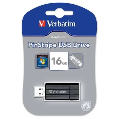 Verbatim USB flash disk, USB 2.0, 16GB, PinStripe, Store N Go, czarny, 49063, USB A, z wysuwanym złączem