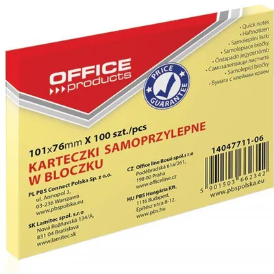 Karteczki samoprzylepne 101x76mm OFFICE PRODUCTS pastelowe jasno żółte 100kart