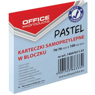 Karteczki samoprzylepne 76x76mm OFFICE PRODUCTS pastelowe niebieskie 100kart