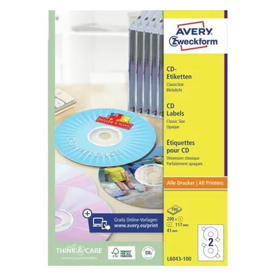 Etykiety samoprzylepne 117mm na CD/DVD AVERY ZWECKFORM trwałe L6043-100 białe 100ark*2szt