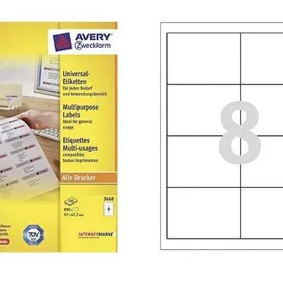 Etykiety samoprzylepne 97x67.7mm uniwersalne AVERY ZWECKFORM trwałe 3660 białe 100ark*8szt