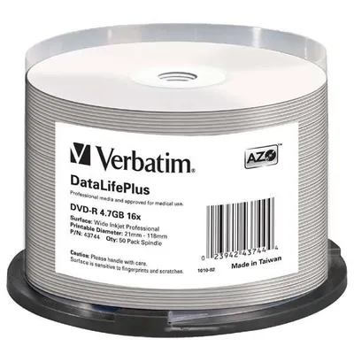 Verbatim DVD-R, 43744, DataLife PLUS, 50-pack, 4.7GB, 16X, 12cm, General, Wide Printable Surface Non-ID, cake box, Printable, do a