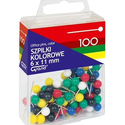 Szpilki 6x11mm Grand 110-1672 kolorowe w pojemniku plastikowym 100szt