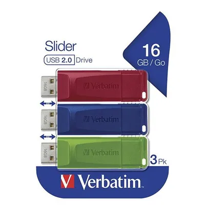 Verbatim USB flash disk, USB 2.0, 16GB, Slider, zielony, niebieski, czerwony, 49326, USB A, z wysuwanym złączem. 3 szt