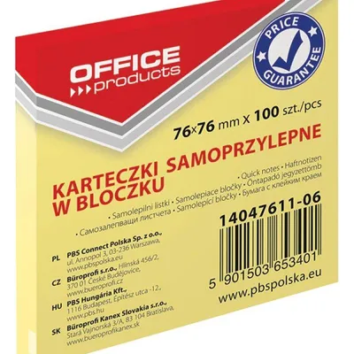 Karteczki samoprzylepne 76x76mm OFFICE PRODUCTS pastelowe jasno żółte 100kart