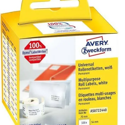 Etykiety samoprzylepne 54x70mm uniwersalne AVERY ZWECKFORM trwałe, w rolce do druk. term. AS0722440 białe 320 szt