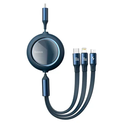 Kabel USB-C 3w1 Baseus Bright Mirror do micro USB / USB-C / Lightning, 100W, 1.2m (niebieski)