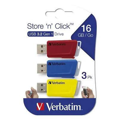 Verbatim USB flash disk, USB 3.0 (3.2 Gen 1), 16GB, Store N Click, mix kolorów, 49306, USB A, z wysuwanym złączem. 3 szt