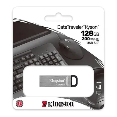 Kingston USB flash disk, USB 3.0, 128GB, DataTraveler(R) Kyson, srebrny, DTKN/128GB, USB A, z oczkiem na brelok