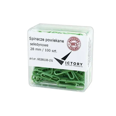 Spinacze okrągłe 28mm VICTORY OFFICE PRODUCTS 60286100-151 pastelowe seledynowe metalowepowlekane w pojemniku plastikowym 100szt