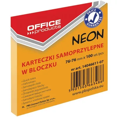 Karteczki samoprzylepne 76x76mm OFFICE PRODUCTS neonowe pomarańczowe 100kart