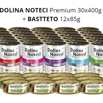 ZESTAW Dolina Noteci Premium (wołowina, jagnięcina, dziczyzna, królik, indyk) 30x400g + Basttet'o Original (kurczak z wołowiną) 12x85g