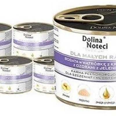 ZESTAW Dolina Noteci PREMIUM dla psów małych ras JUNIOR bogata w wątróbkę z królika z ozorami z jelenia 6 x 185g