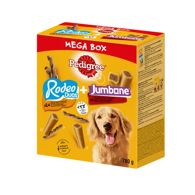 PEDIGREE® Mega Box Rodeo™ i Jumbone™ – przysmak dla dorosłych psów (z kurczakiem, o smaku bekonu oraz o smaku wołowiny i drobiu) – 780g