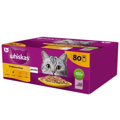 WHISKAS Adult saszetka 80 x 85 g Drobiowa Uczta - mokra karma pełnoporcjowa dla dorosłych kotów, w galaretce (kawałki z: kurczakiem, kaczką, drobiem, indykiem)