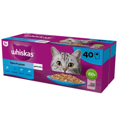 WHISKAS Adult saszetki 40 x 85 g Rybne Przysmaki - mokra karma dla dorosłego kota, w galaretce (kawałki z: łososiem, tuńczykiem, dorszem, białą rybą)