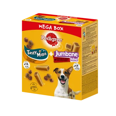 PEDIGREE® Mega Box Tasty Minis i Jumbone™ Mini – przysmak dla dorosłych psów (z Kurczakiem, o smaku Kaczki oraz o Smaku Wołowiny i Drobiu) – 740g