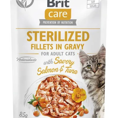 BRIT CARE Cat Sterilized Fillets in Gravy with Savory Salmon & Tuna Enriched with Sea Buckthorn and Nasturtium 85g