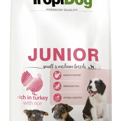 TROPIDOG Premium Junior Small and Medium Breeds bogaty w łososia i ryż 8kg