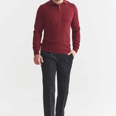 Sweter polo 100% wełna merino - bordowy