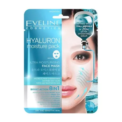 EVELINE HYALURON MOISTURE PACK MASKA W PŁACHCIE Z KWASEM HIALURONOWYM 8W1