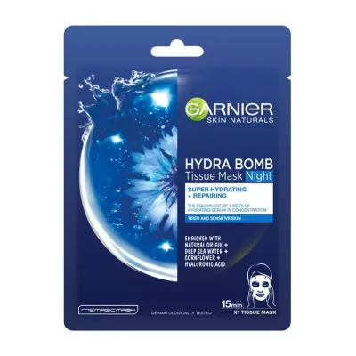 GARNIER SKIN NATURALS HYDRA BOMB TISSUE MASK NIGHT NAWILŻAJĄCA MASKA NA TKANINIE Z WODĄ MORSKĄ 28G