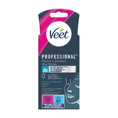 VEET PROFESSIONAL PLASTRY Z WOSKIEM DO DEPILACJI TWARZY SKÓRA WRAŻLIWA 20 SZTUK