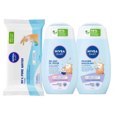 NIVEA BABY ZESTAW NA DOBRANOC CHUSTECZKI NAWILŻANE 99% PURE WATER + ŻEL 2W1 + MLECZKO