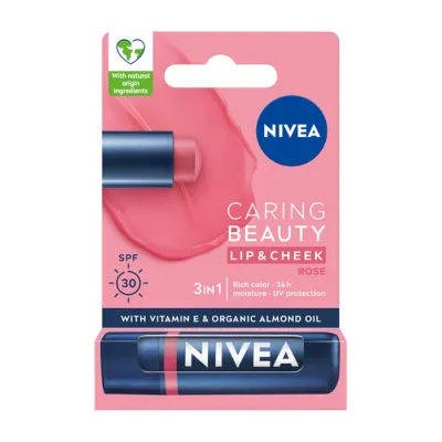 NIVEA CARING BEAUTY PIELĘGNUJACA POMADKA DO UST I POLICZKÓW 3W1 ROSE 4,8G