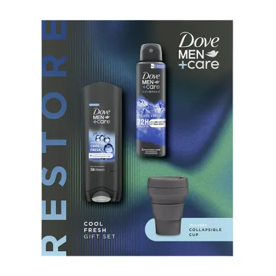 DOVE MEN+ CARE RESTORE COOL FRESH ZESTAW KOSMETYKÓW ŻEL + ANTYPERSPIRANT W SPRAYU + SKŁADANY KUBEK