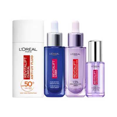 LOREAL REVITALIFT SERUM POD OCZY + SERUM HIALURONOWE + SERUM NA NOC + KREM NA DZIEŃ SPF 50+