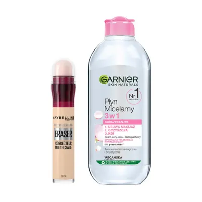 MAYBELLINE KOREKTOR ERASER + GARNIER PŁYN MICELARNY 3w1