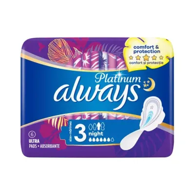 ALWAYS PLATINUM PODPASKI HIGIENICZNE ZE SKRZYDEŁKAMI 3 NIGHT 6 SZTUK