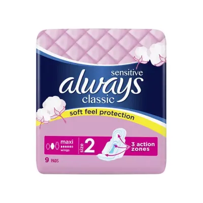 ALWAYS CLASSIC SENSITIVE PODPASKI HIGIENICZNE ZE SKRZYDEŁKAMI 2 MAXI 9 SZTUK